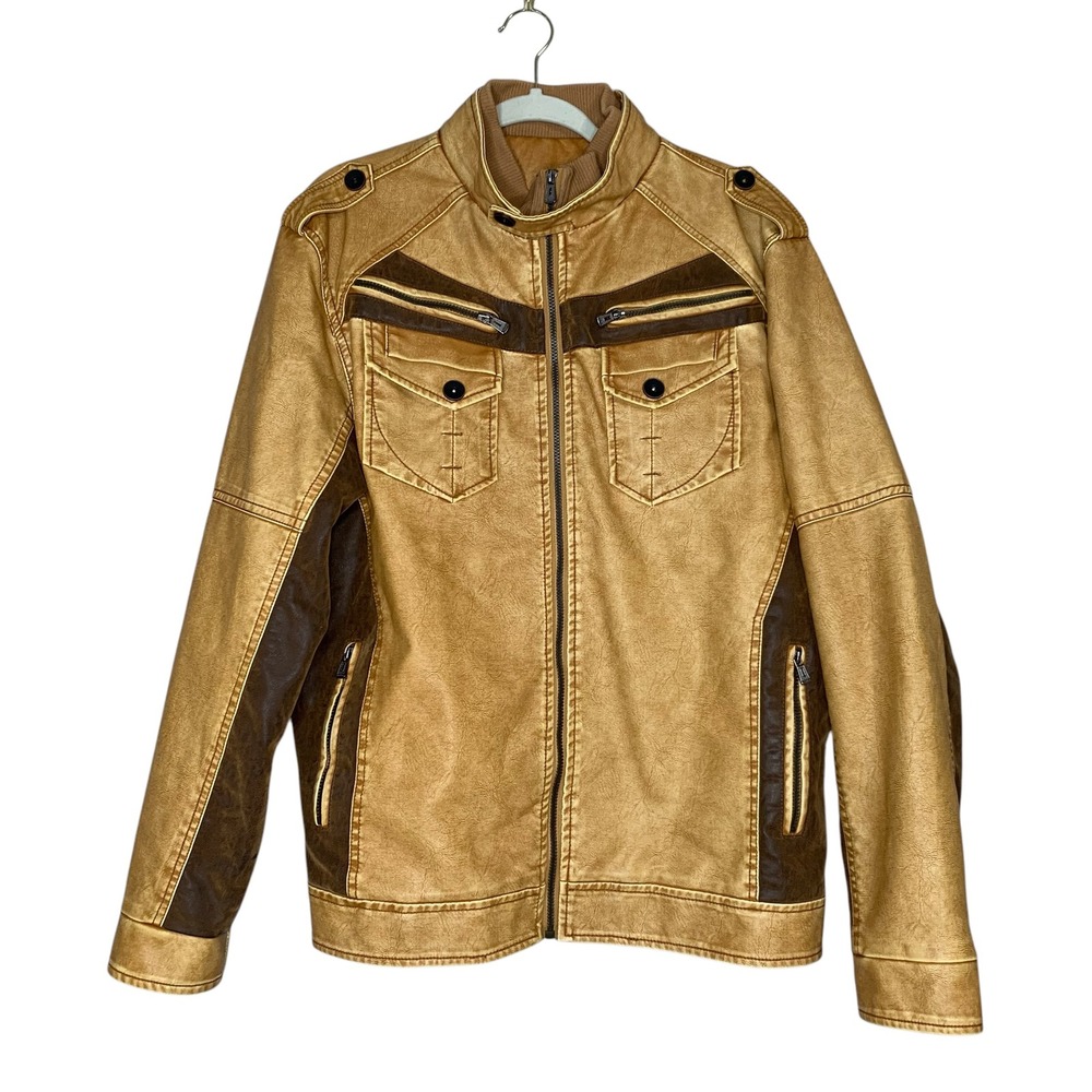 Mens Faux Leather Jacket Brown‎ Zip Front Pockets Lined Moto Biker Style L